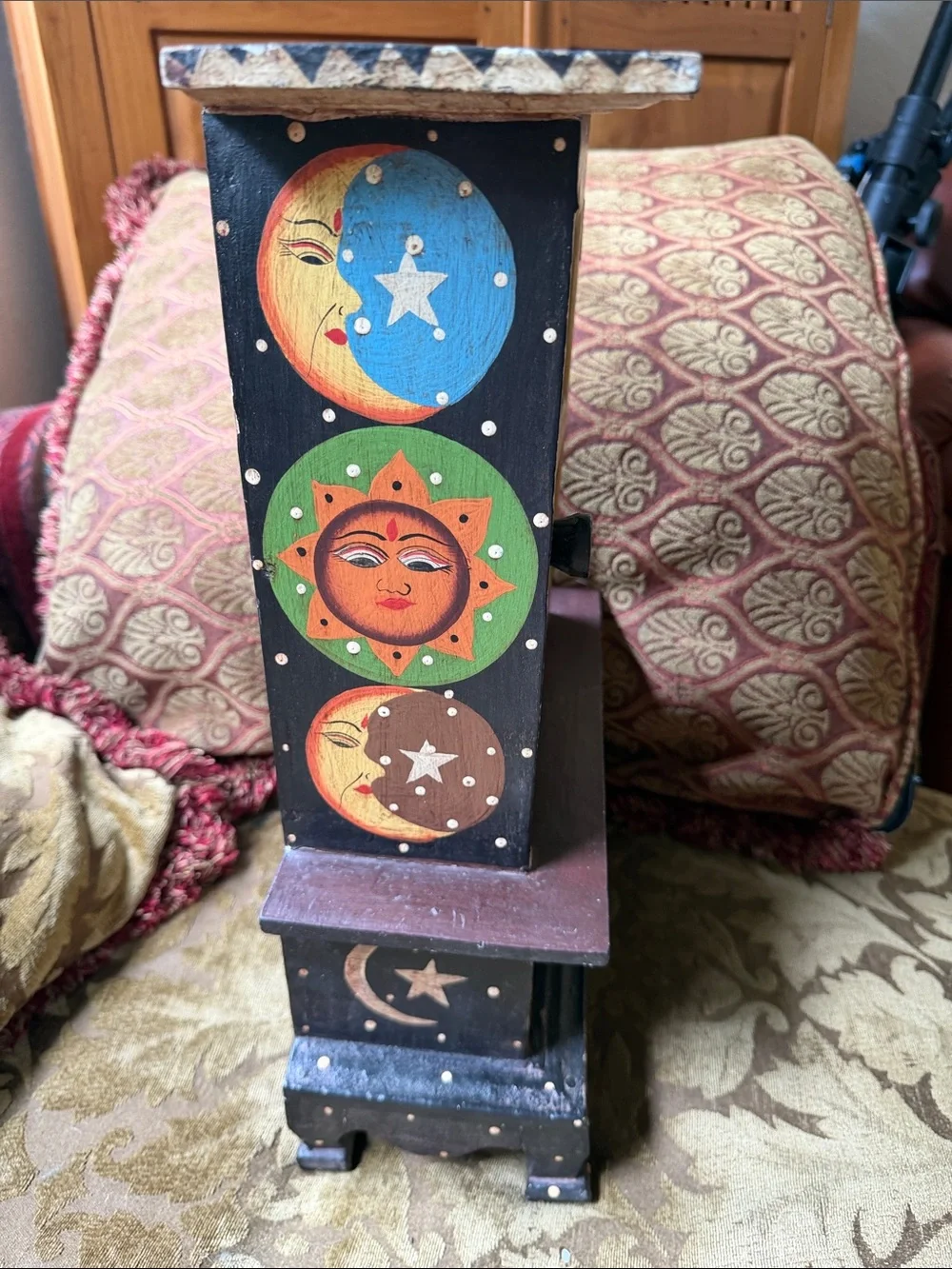 Hand-Painted Bohemian Vintage Wooden Jewelry Cabinet with Sun & Moon